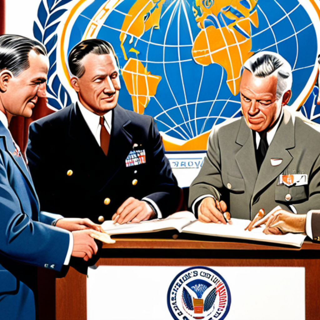 **Prompt:** A stylized illustration depicting the signing of the Chicago Convention. Focus on representing diverse nations, aircraft from the 1940s era, and a sense of global cooperation towards safe air travel. Include the ICAO logo subtly.