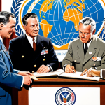 **Prompt:** A stylized illustration depicting the signing of the Chicago Convention. Focus on representing diverse nations, aircraft from the 1940s era, and a sense of global cooperation towards safe air travel. Include the ICAO logo subtly.