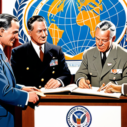 **Prompt:** A stylized illustration depicting the signing of the Chicago Convention. Focus on representing diverse nations, aircraft from the 1940s era, and a sense of global cooperation towards safe air travel. Include the ICAO logo subtly.