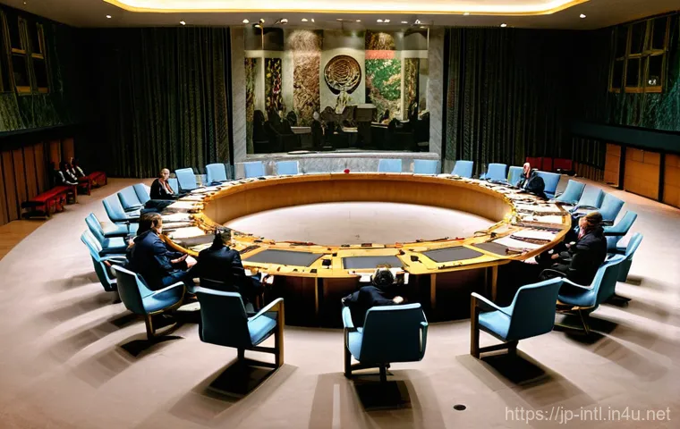 유엔 안보리 결의안 분석 - **Prompt:** A diverse group of diplomats, both male and female, from various countries, are intensel...